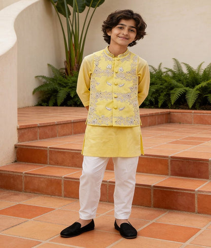 Luxe Yellow Silk Embroidery Nehru Jacket with Kurta Chudidar for Boys