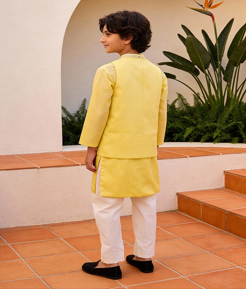 Luxe Yellow Silk Embroidery Nehru Jacket with Kurta Chudidar for Boys