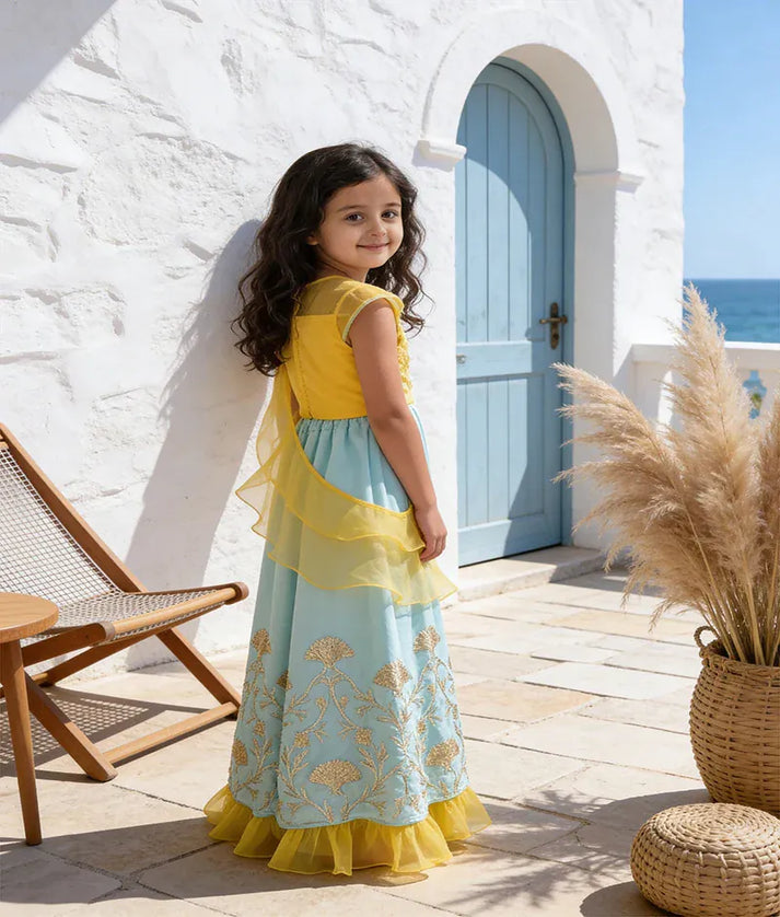 Luxe Yellow Tassel Aqua Gota Lehenga with Choli Organza Dupatta for Girls