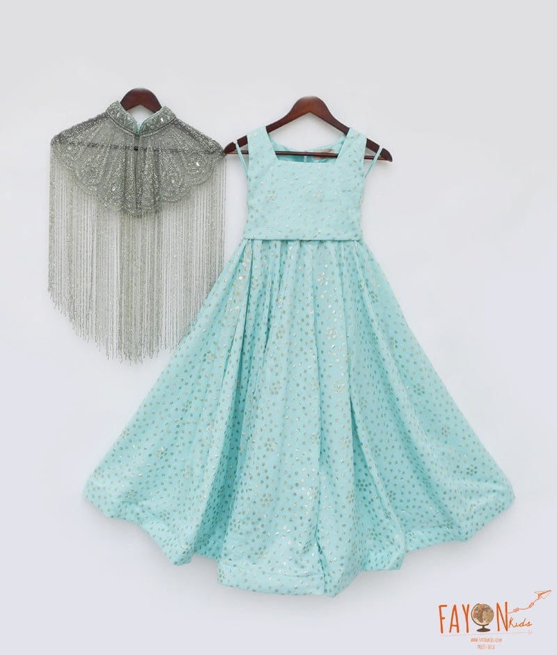 Manufactured by FAYON KIDS (Noida, U.P) Aqua Crop Top with Pant and Embroidered Cape for Girls