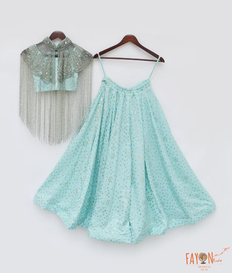 Manufactured by FAYON KIDS (Noida, U.P) Aqua Crop Top with Pant and Embroidered Cape for Girls