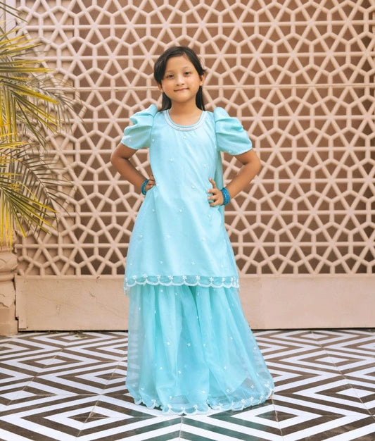 Manufactured by FAYON KIDS (Noida, U.P) Aqua Embroidered Organza Kurti Sharara