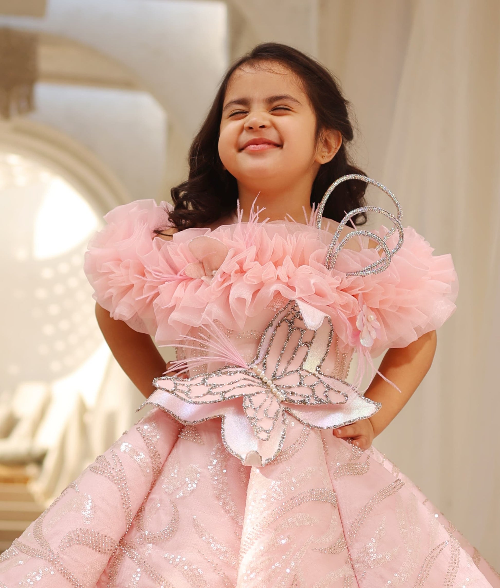 Manufactured by FAYON KIDS (Noida, U.P) Baby Pink Cut Dana Embroidered Gown for Girls