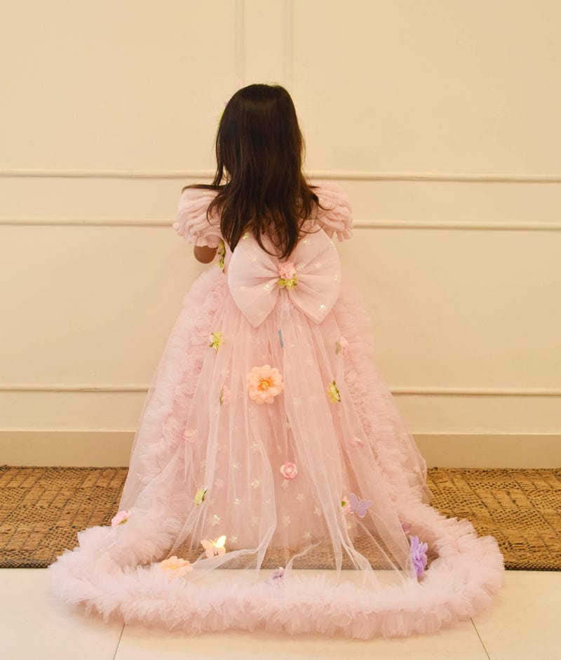 Pink Flower Long Princess Dress, Pink Strapless Formal Evening Dress