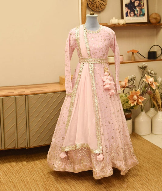 Manufactured by FAYON KIDS (Noida, U.P) Baby Pink Thread Embroidery Anarkali