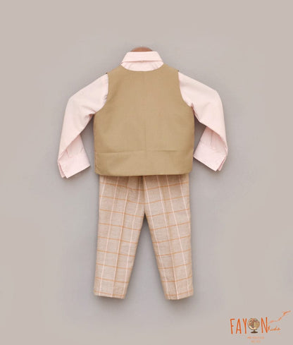 Manufactured by FAYON KIDS (Noida, U.P) Beige Waist Coat with Shirt and Pant for Boys