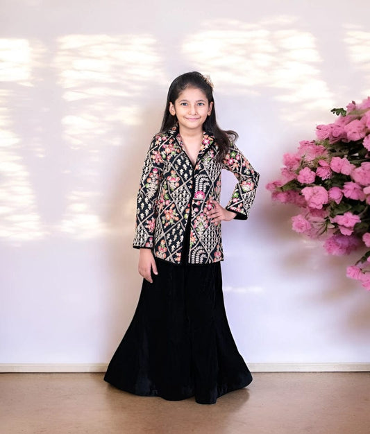 Manufactured by FAYON KIDS (Noida, U.P) Black Embroiderd Velvet Blazer with Sharara