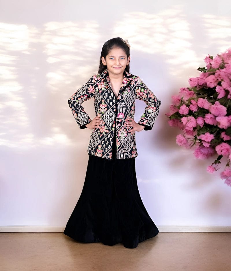 Manufactured by FAYON KIDS (Noida, U.P) Black Embroiderd Velvet Blazer with Sharara