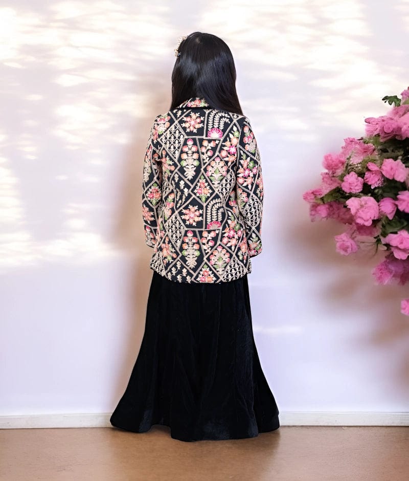 Manufactured by FAYON KIDS (Noida, U.P) Black Embroiderd Velvet Blazer with Sharara