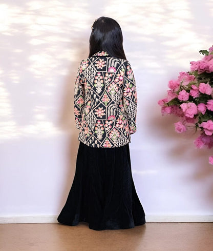 Manufactured by FAYON KIDS (Noida, U.P) Black Embroiderd Velvet Blazer with Sharara