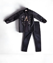 Manufactured by FAYON KIDS (Noida, U.P) Black Embroidered Coat & Denim Set for Boys