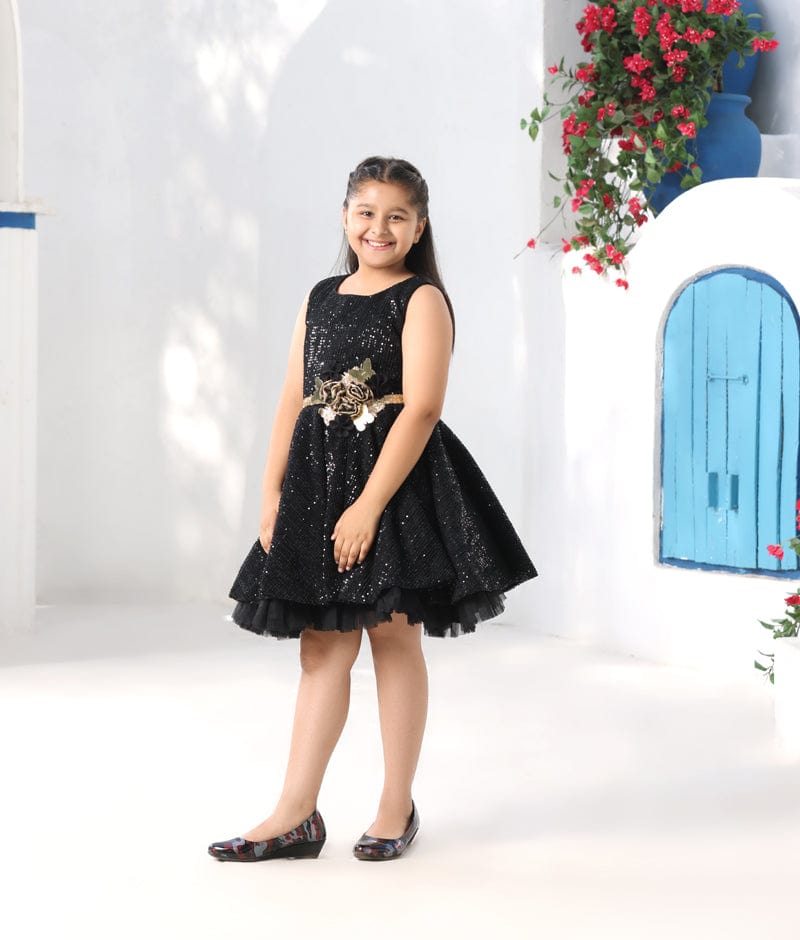 Manufactured by FAYON KIDS (Noida, U.P) Black Sequence Dress with Jacket and Flowers and Butterfly for Girls