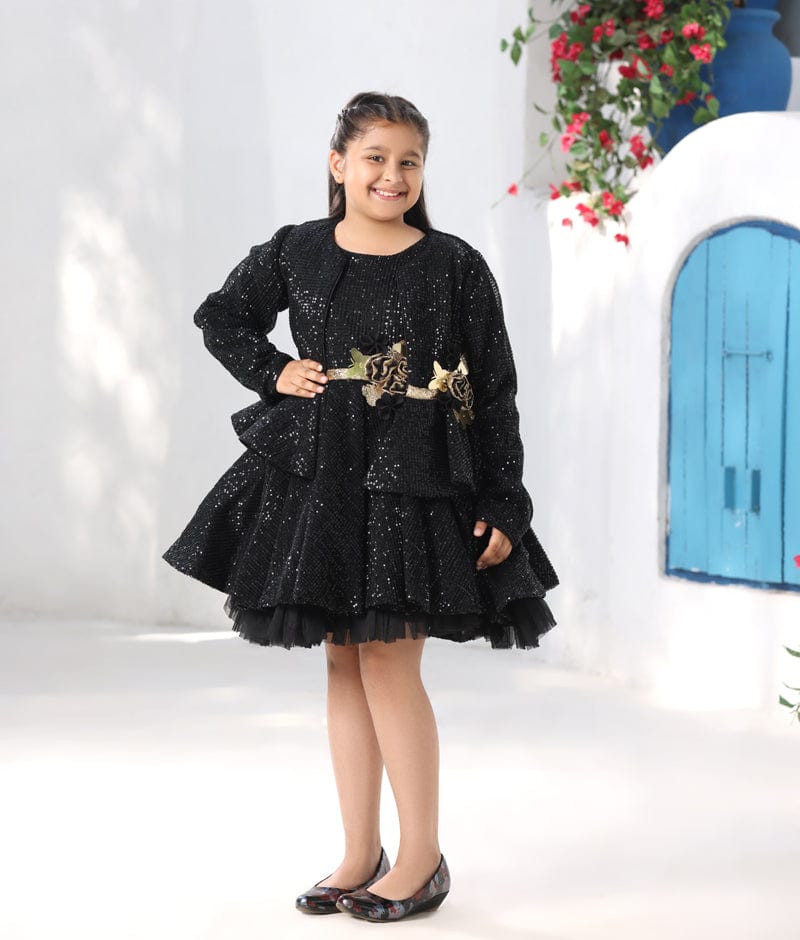 Manufactured by FAYON KIDS (Noida, U.P) Black Sequence Dress with Jacket and Flowers and Butterfly for Girls