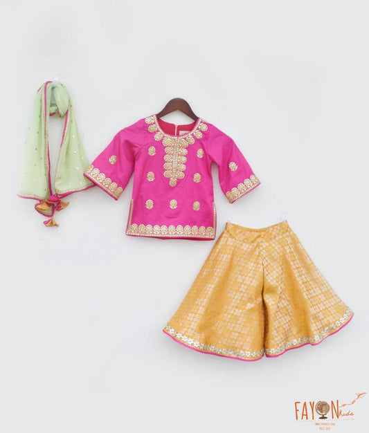 Manufactured by FAYON KIDS (Noida, U.P) Blissful Blooms: Pink Kurti with Yellow Brocade Sharara