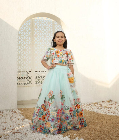 Manufactured by FAYON KIDS (Noida, U.P) Blue Blossom Embroidered Lehenga Set