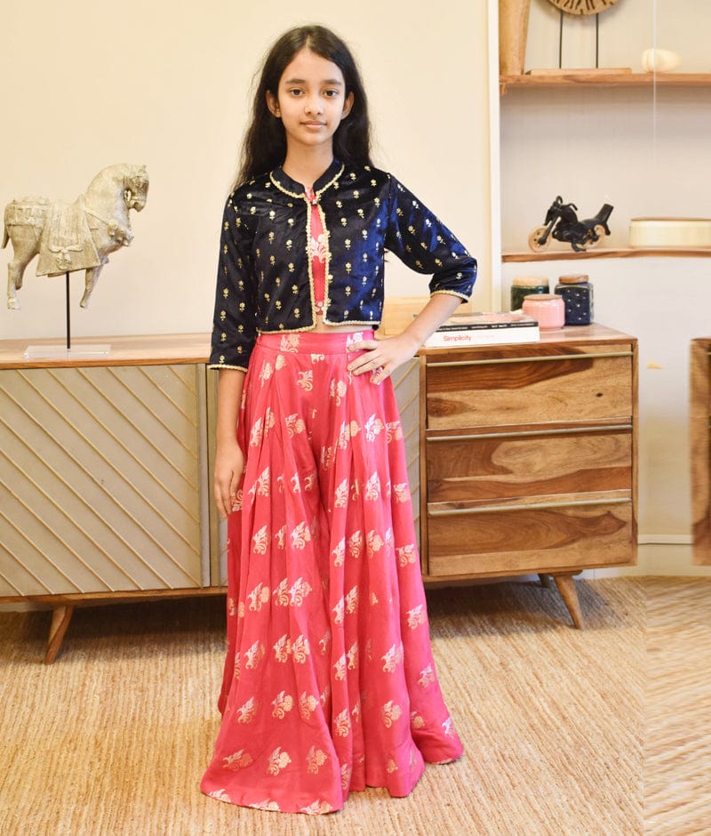 Buy Blue Boti Velvet Jacket with Crop Top and Lehenga – FayonKids