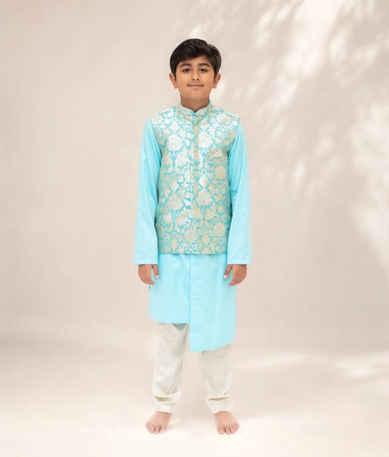 Blue Brocade Jacket with Kurta and Pant