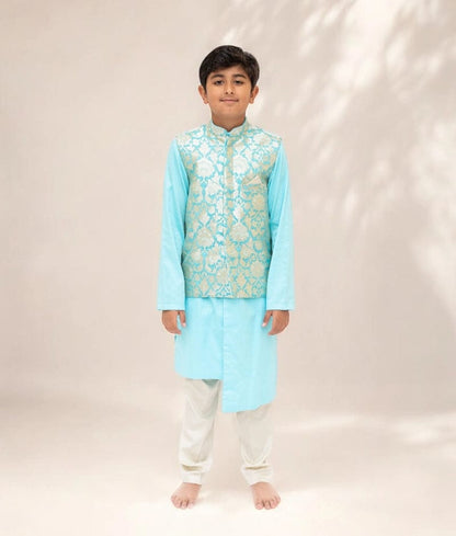 Blue Brocade Jacket with Kurta and Pant