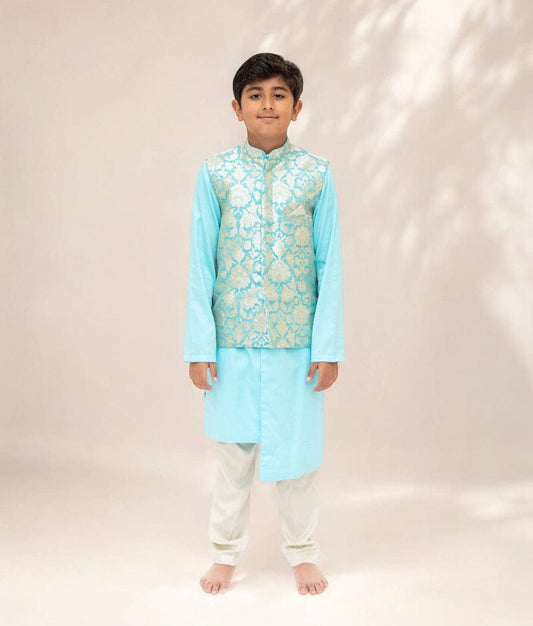 Blue Brocade Jacket with Kurta and Pant