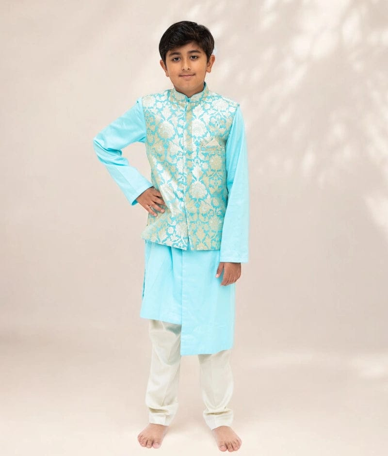 Blue Brocade Jacket with Kurta and Pant