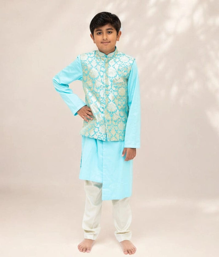 Blue Brocade Jacket with Kurta and Pant