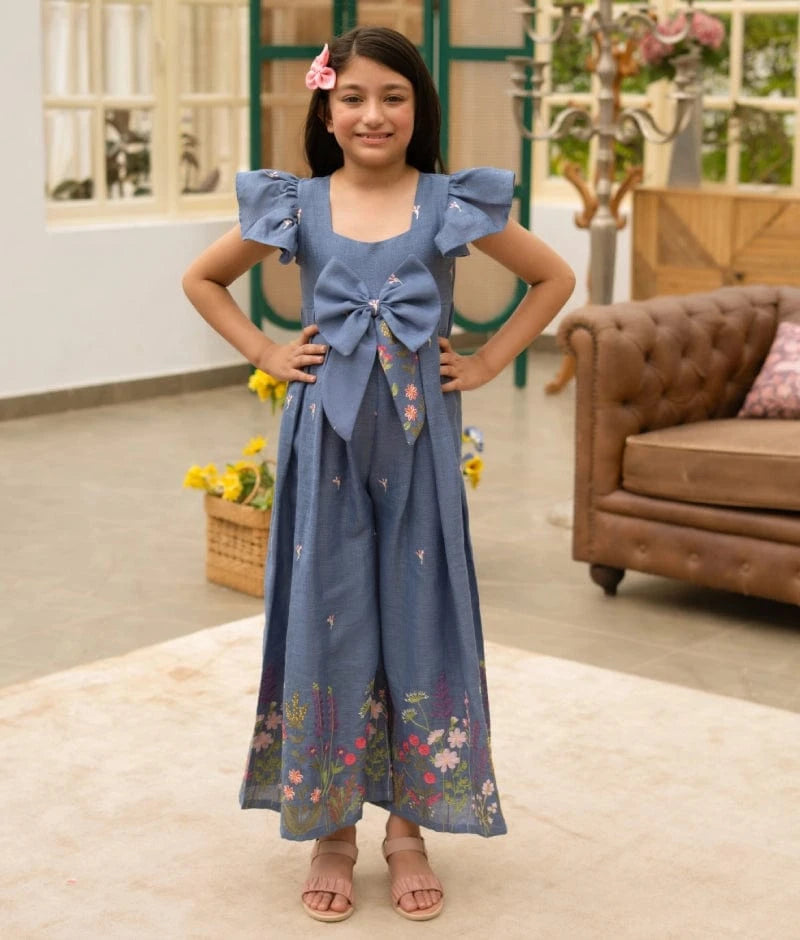 Manufactured by FAYON KIDS (Noida, U.P) Blue Embroidered Denim Jumpsuit