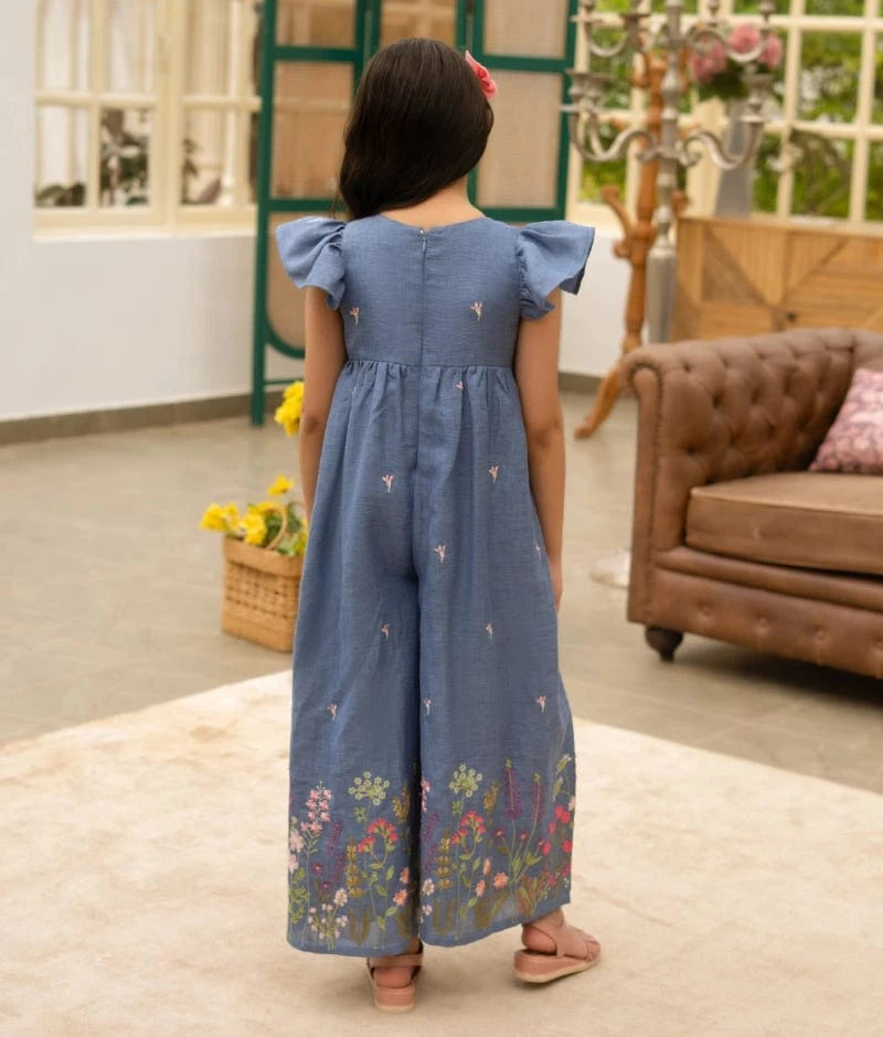 Manufactured by FAYON KIDS (Noida, U.P) Blue Embroidered Denim Jumpsuit
