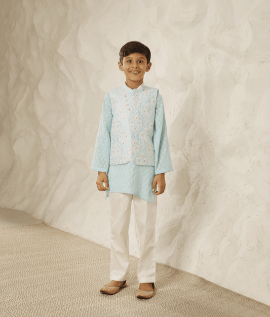 Manufactured by FAYON KIDS (Noida, U.P) Blue Embroidered Jacket with Kurta and Pant for Boys