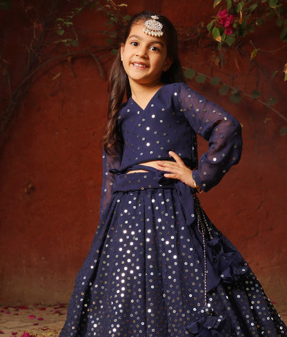 Manufactured by FAYON KIDS (Noida, U.P) Blue Embroidered Lehenga Choli Set