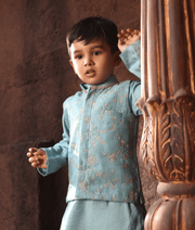 Manufactured by FAYON KIDS (Noida, U.P) Blue Embroidered Nehru Jacket with Kurta and Pant
