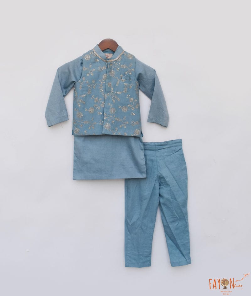 Manufactured by FAYON KIDS (Noida, U.P) Blue Embroidered Nehru Jacket with Kurta and Pant for Boys