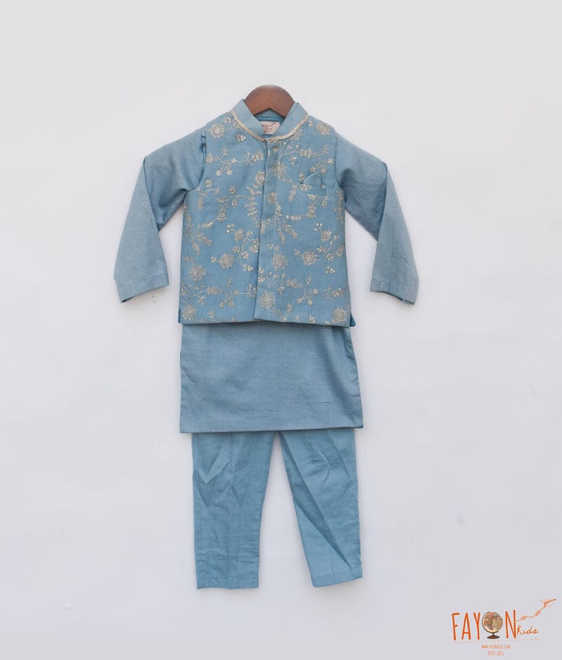 Manufactured by FAYON KIDS (Noida, U.P) Blue Embroidered Nehru Jacket with Kurta and Pant for Boys