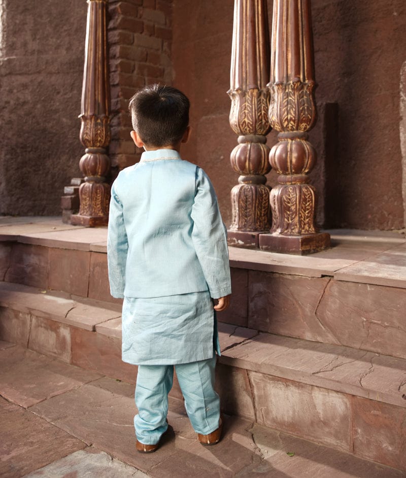 Manufactured by FAYON KIDS (Noida, U.P) Blue Embroidered Nehru Jacket with Kurta and Pant for Boys