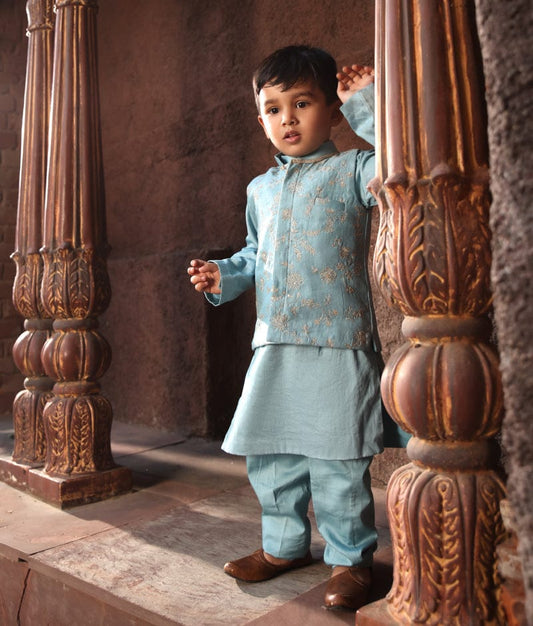 Manufactured by FAYON KIDS (Noida, U.P) Blue Embroidered Nehru Jacket with Kurta and Pant for Boys
