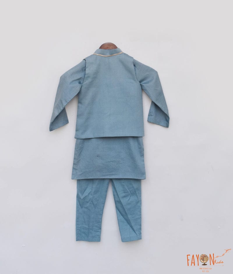 Manufactured by FAYON KIDS (Noida, U.P) Blue Embroidered Nehru Jacket with Kurta and Pant for Boys