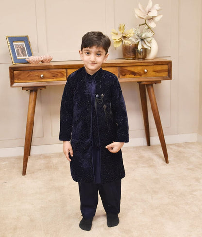 Manufactured by FAYON KIDS (Noida, U.P) Blue Embroidery Jacket with Kurta and Salwar