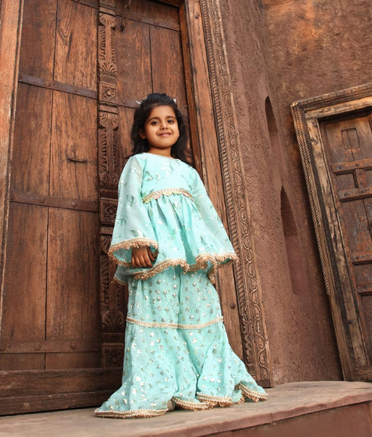 Manufactured by FAYON KIDS (Noida, U.P) Blue Embroidery Kurti Sharara for Girls