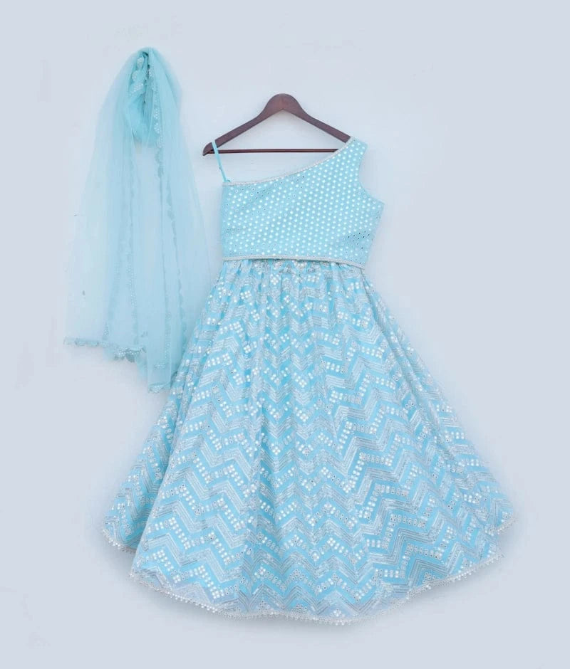 Manufactured by FAYON KIDS (Noida, U.P) Blue Faux Mirror Embroidered Lehenga Choli