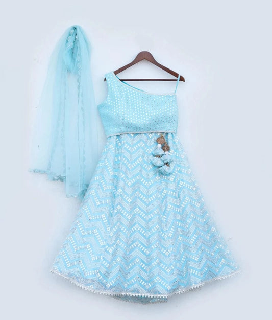 Manufactured by FAYON KIDS (Noida, U.P) Blue Faux Mirror Embroidered Lehenga Choli