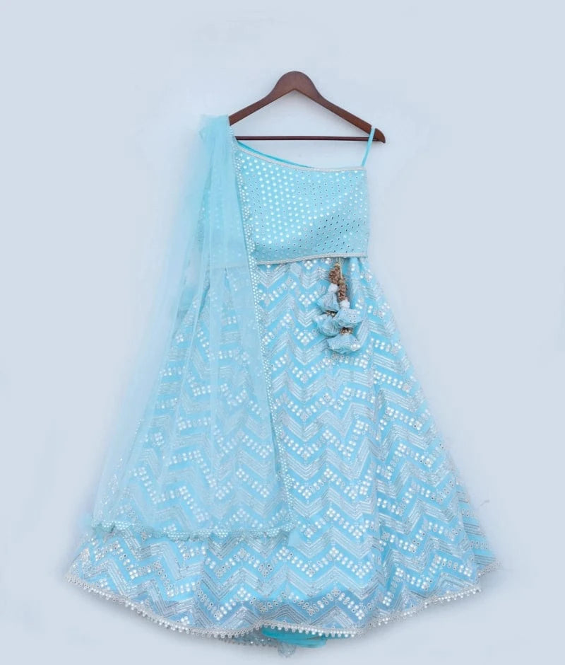 Manufactured by FAYON KIDS (Noida, U.P) Blue Faux Mirror Embroidered Lehenga Choli