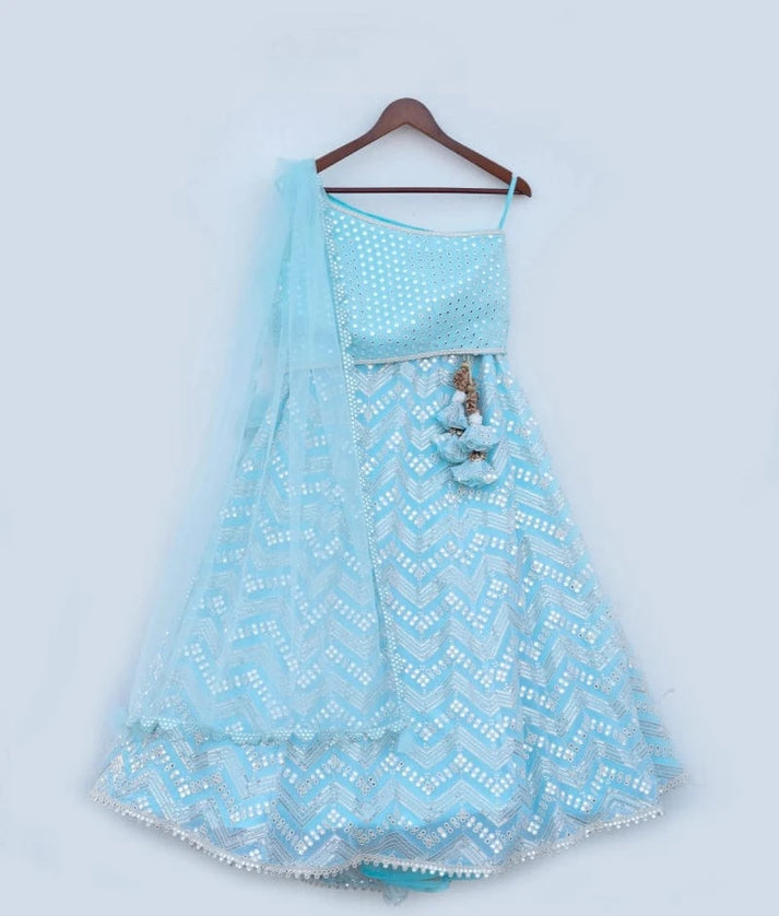 Manufactured by FAYON KIDS (Noida, U.P) Blue Faux Mirror Embroidered Lehenga Choli