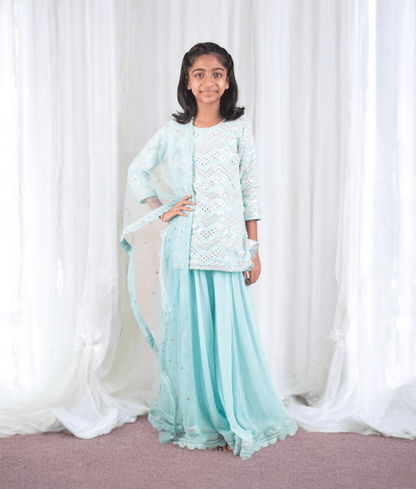 Manufactured by FAYON KIDS (Noida, U.P) Blue Faux Mirror work Embroidered Kurti Sharara Set for Girls