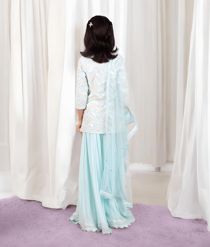 Manufactured by FAYON KIDS (Noida, U.P) Blue Faux Mirror work Embroidered Kurti Sharara Set for Girls