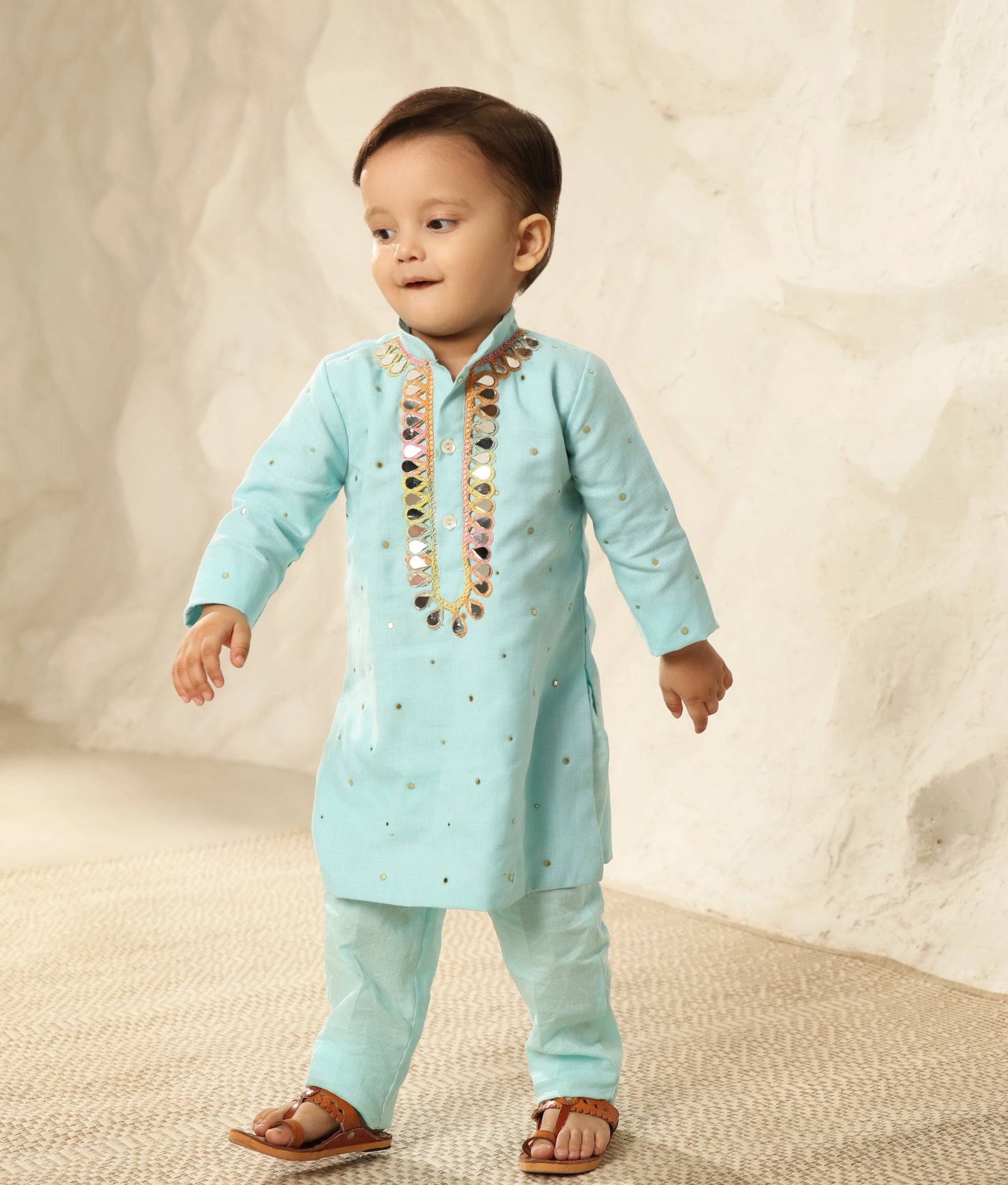 Manufactured by FAYON KIDS (Noida, U.P) Blue Faux Mukaish Kurta with Pant for Boys
