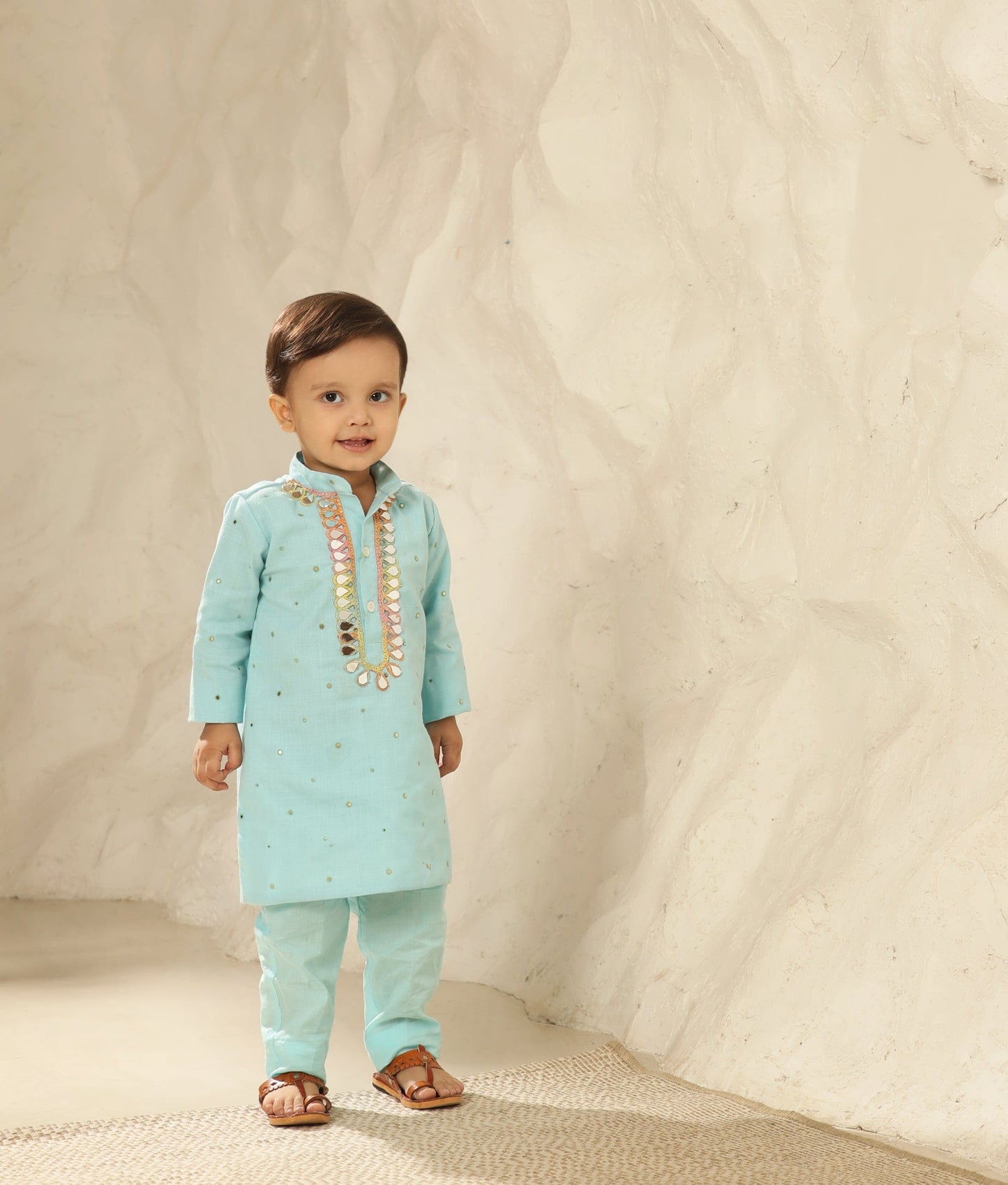 Manufactured by FAYON KIDS (Noida, U.P) Blue Faux Mukaish Kurta with Pant for Boys