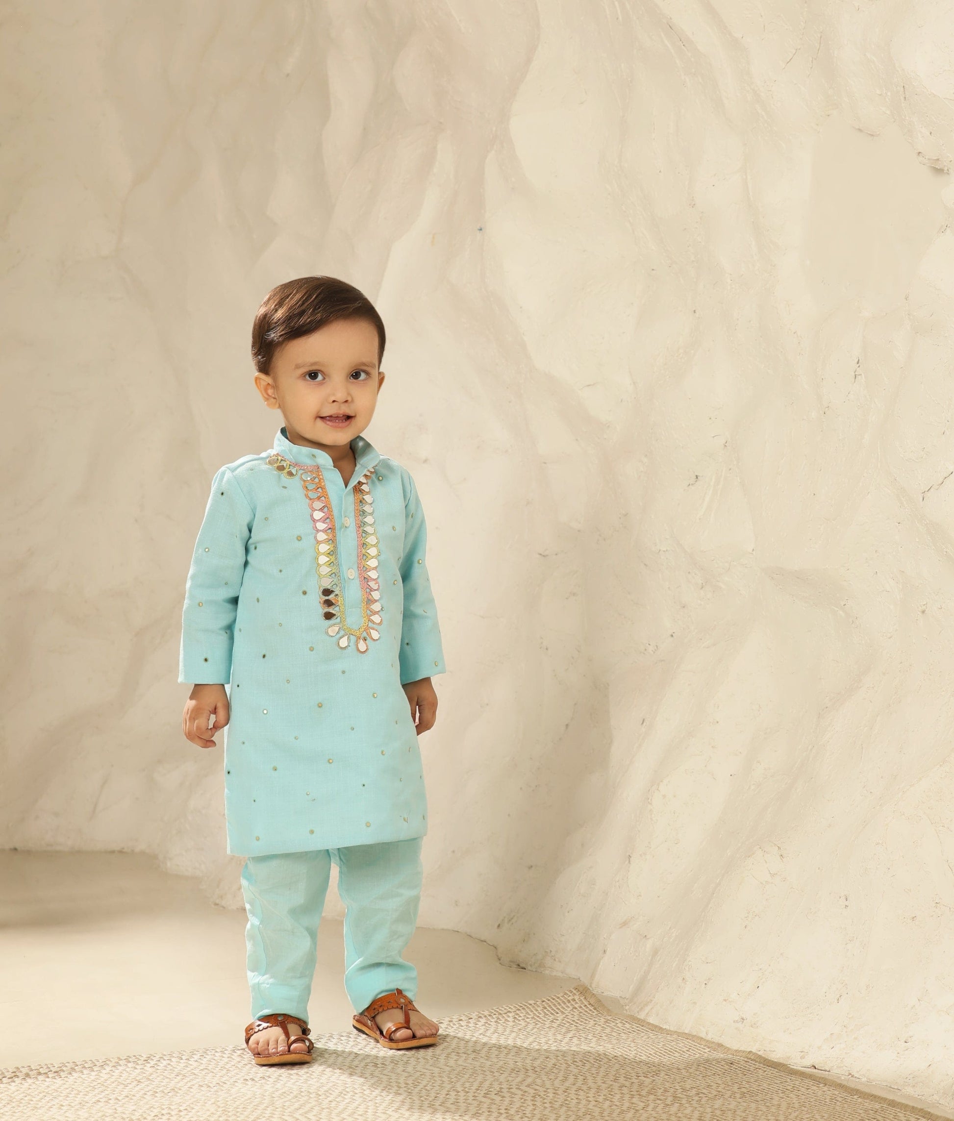 Manufactured by FAYON KIDS (Noida, U.P) Blue Faux Mukaish Kurta with Pant for Boys