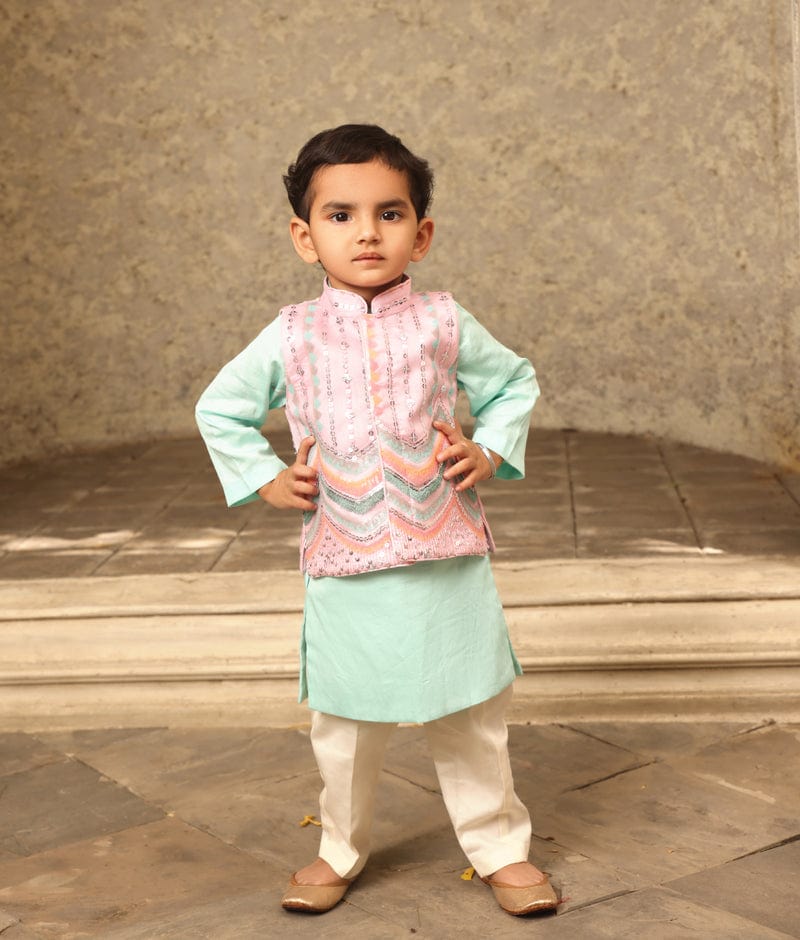 Manufactured by FAYON KIDS (Noida, U.P) Blue Kurta with Pink Embroidery Nehru Jacket Set for Boys