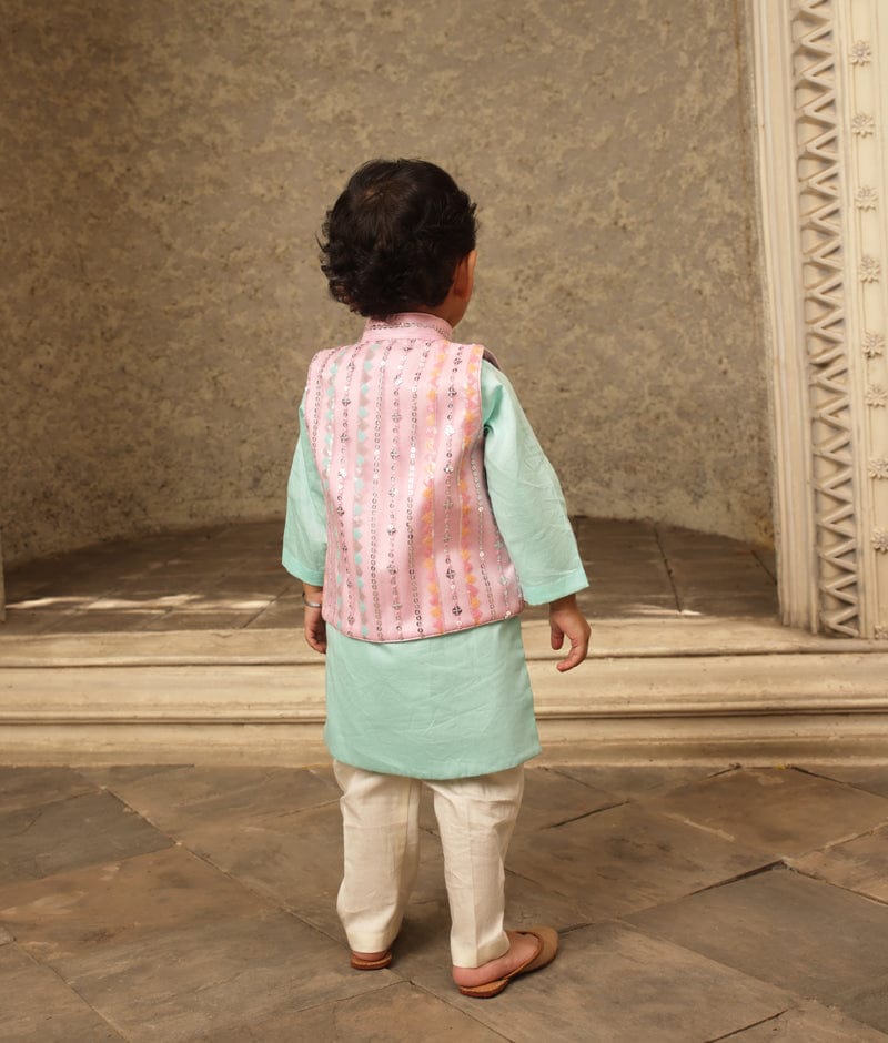 Manufactured by FAYON KIDS (Noida, U.P) Blue Kurta with Pink Embroidery Nehru Jacket Set for Boys