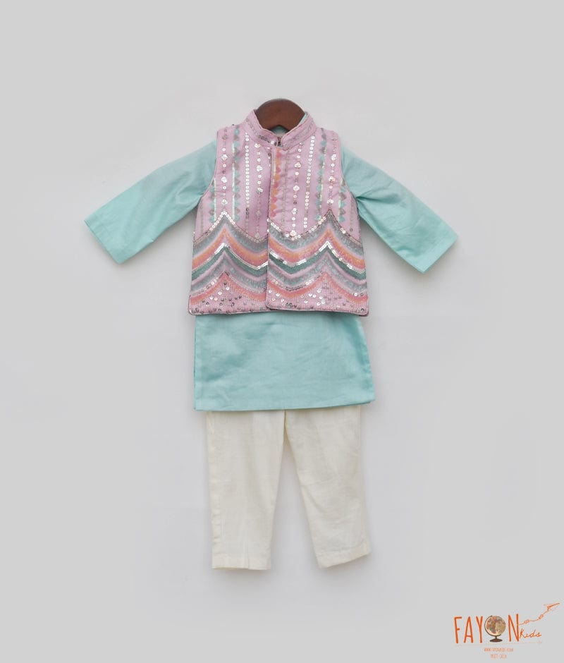 Manufactured by FAYON KIDS (Noida, U.P) Blue Kurta with Pink Embroidery Nehru Jacket Set for Boys