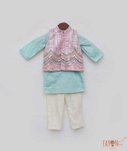 Manufactured by FAYON KIDS (Noida, U.P) Blue Kurta with Pink Embroidery Nehru Jacket Set for Boys